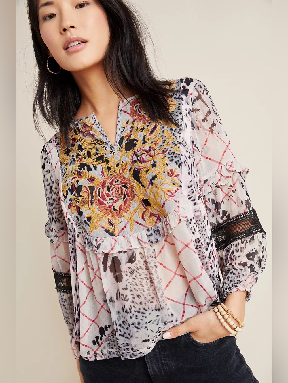 Anthropologie | Mathilda Balloon Sleeve Mixed Print Blouse XS
